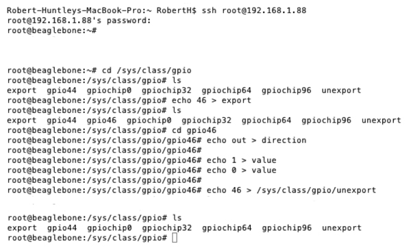 Comandos de ejemplo en SSH para controlar un pin GPIO.